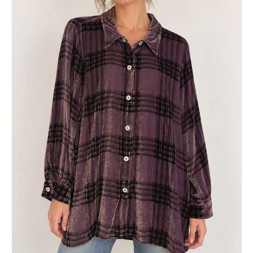 Soft Surroundings Purple Plaid Velvet Silk Blend Button Front Tunic Shirt Large